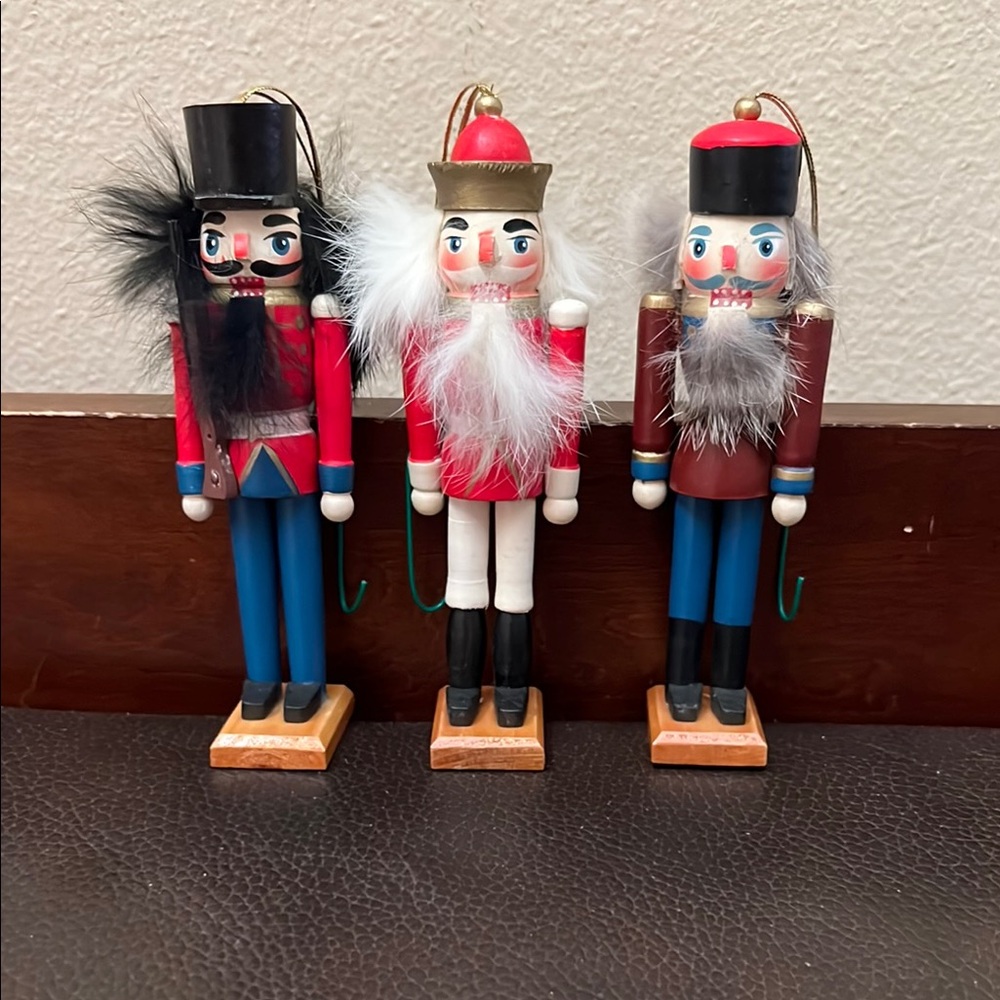 Vtg Christmas Holiday Nutcracker Wooden Ornaments Set of 3 in Red, White & Blue